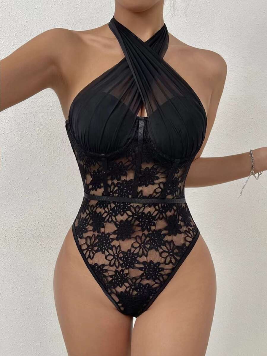 SHEIN Unity Crisscross Front Halter Neck Backless Bustier Lace Bodysuit - Black - View 1