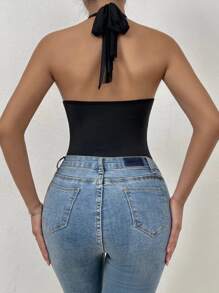 SHEIN Unity Crisscross Front Halter Neck Backless Bustier Lace Bodysuit - Black - View 2