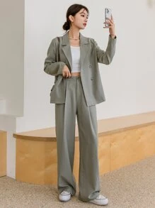 DAZY Solid Color Casual Business Suit Jacket & Pants Set For Women,Fall Clothes