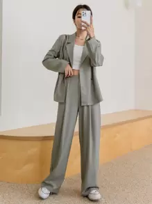 DAZY Solid Color Casual Business Suit Jacket & Pants Set For Women,Fall Clothes
