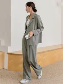 DAZY Solid Color Casual Business Suit Jacket & Pants Set For Women,Fall Clothes