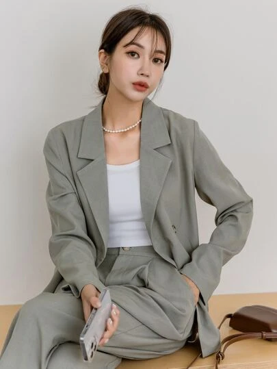 DAZY 女士纯色休闲商务西装外套和裤子套装，秋季服装
