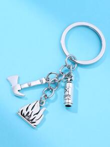 男士火焰和斧頭裝飾鑰匙圈 - 銀色 - 查看 1