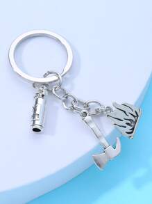 男士火焰和斧頭裝飾鑰匙圈 - 銀色 - 查看 2