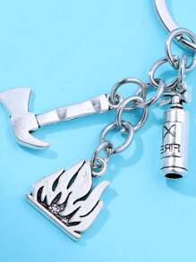 男士火焰和斧頭裝飾鑰匙圈 - 銀色 - 查看 3