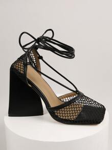 Hauture Giày cao gót buộc dây lưới cá mũi kín Valentine - màu đen - Xem 2