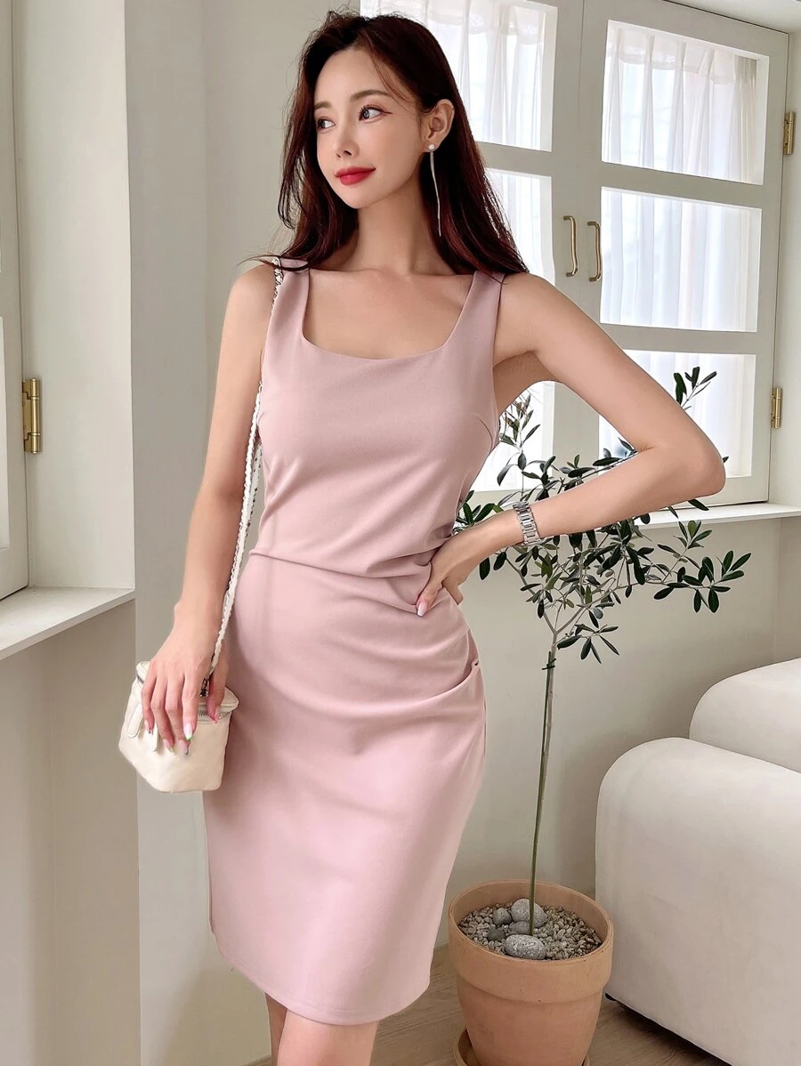 DAZY Solid Ruched Detail Dress - Baby Pink - View 1