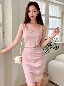 DAZY Solid Ruched Detail Dress - Baby Pink - View 3