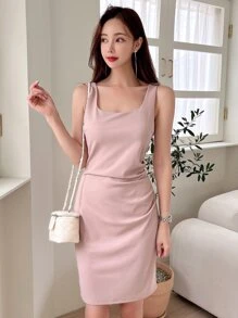 DAZY Solid Ruched Detail Dress - Baby Pink - View 6