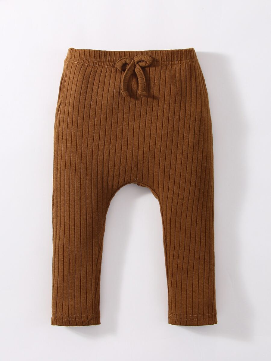 嬰兒前蝴蝶結條紋針織長褲 - 棕色 - 查看 1