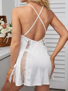 Contrast Lace Appliques Satin Slips - White - View 2
