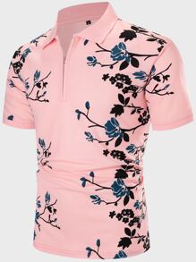 Manfinity Homme Men Floral Print Polo Shirt - Baby Pink - View 1