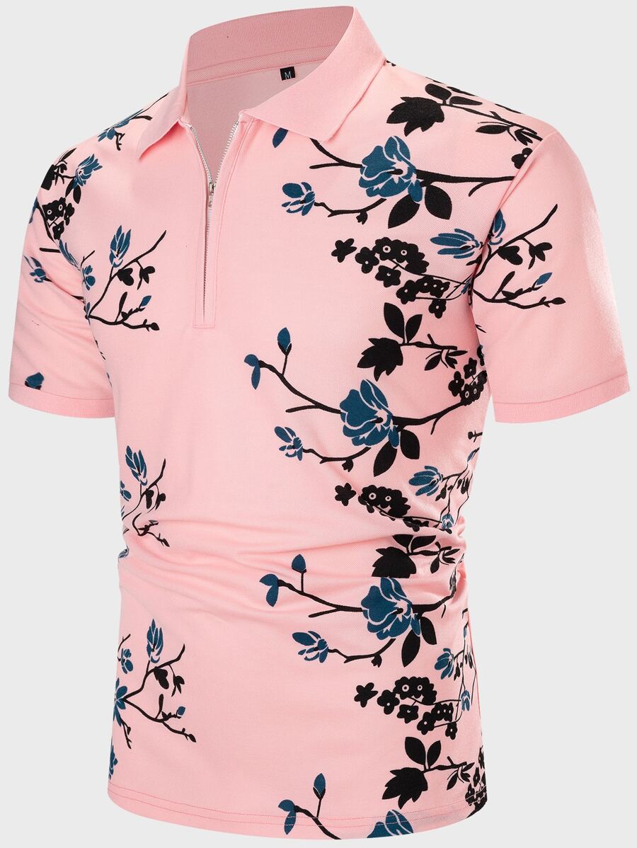 Manfinity Homme Men Floral Print Polo Shirt - Baby Pink - View 1