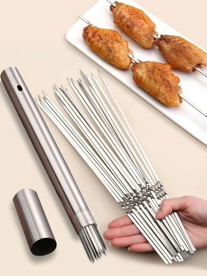 15 pezzi Spiedini in acciaio inossidabile & 1 pezzo Contenitore per tubi per barbecue, spiedini riutilizzabili, forchette da campeggio per barbecue, gadget