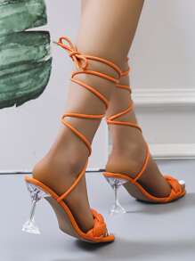 Sandalias con diseño trenzado de pierna con cordón con diseño transparente tacón pirámide