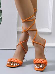 Sandalias con diseño trenzado de pierna con cordón con diseño transparente tacón pirámide
