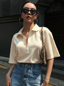 DAZY Half Zip Front Drop Shoulder Tee - Beige - View 1
