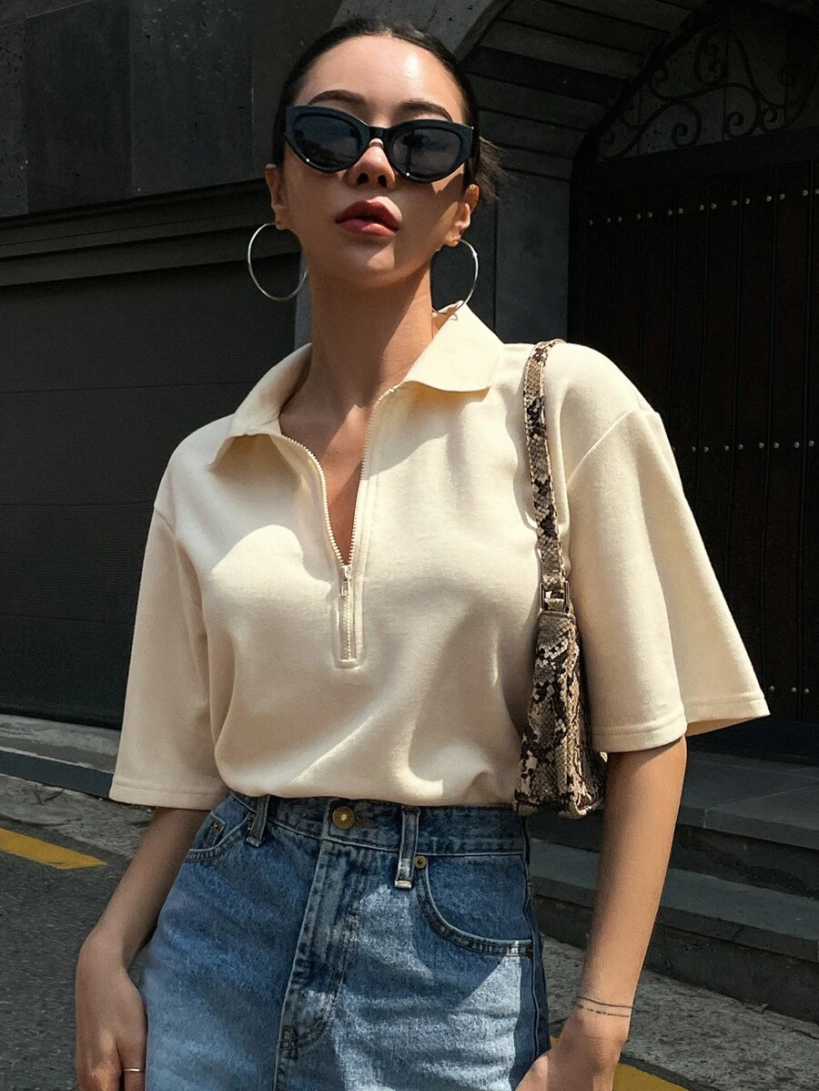 DAZY Half Zip Front Drop Shoulder Tee - Beige - View 1