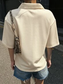 DAZY Half Zip Front Drop Shoulder Tee - Beige - View 2