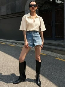 DAZY Half Zip Front Drop Shoulder Tee - Beige - View 4