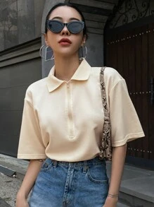 DAZY Half Zip Front Drop Shoulder Tee - Beige - View 3