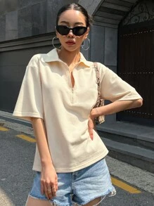 DAZY Half Zip Front Drop Shoulder Tee - Beige - View 7