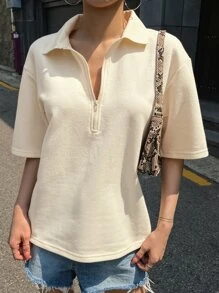 DAZY Half Zip Front Drop Shoulder Tee - Beige - View 8