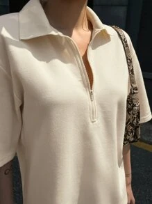 DAZY Half Zip Front Drop Shoulder Tee - Beige - View 9