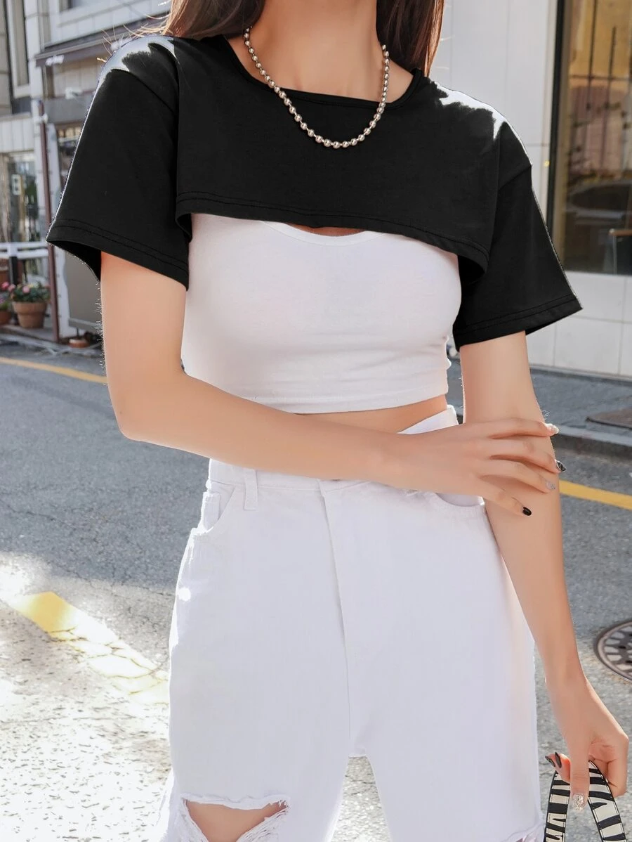 DAZY Top Corto Sólido Sin Top De Tirantes - Negro - Ver 1