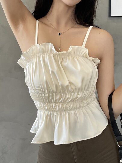 DAZY 平行绉缝荷叶边荷叶边吊带背心 娃娃装上衣