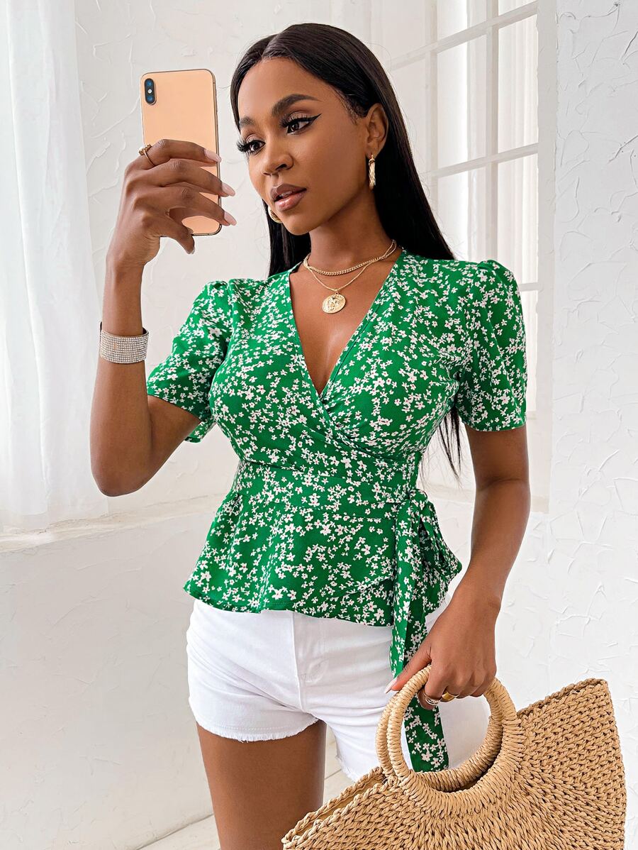 SHEIN Clasi Áo sơ mi Thắt nút Họa tiết hoa Boho - màu xanh lá - Xem 1