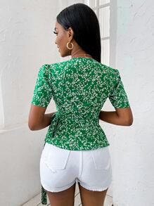 SHEIN Clasi Áo sơ mi Thắt nút Họa tiết hoa Boho - màu xanh lá - Xem 2