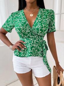 SHEIN Clasi Áo sơ mi Thắt nút Họa tiết hoa Boho - màu xanh lá - Xem 4