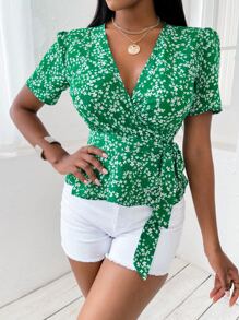 SHEIN Clasi Áo sơ mi Thắt nút Họa tiết hoa Boho - màu xanh lá - Xem 5