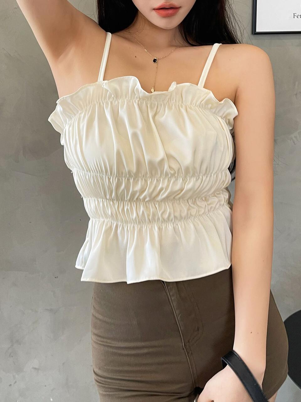Shirred Ruffle Trim Peplum Cami Top Babydoll Top