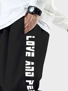 Manfinity Fitness Men Letter Graphic Sports Trousers - Black - View 3