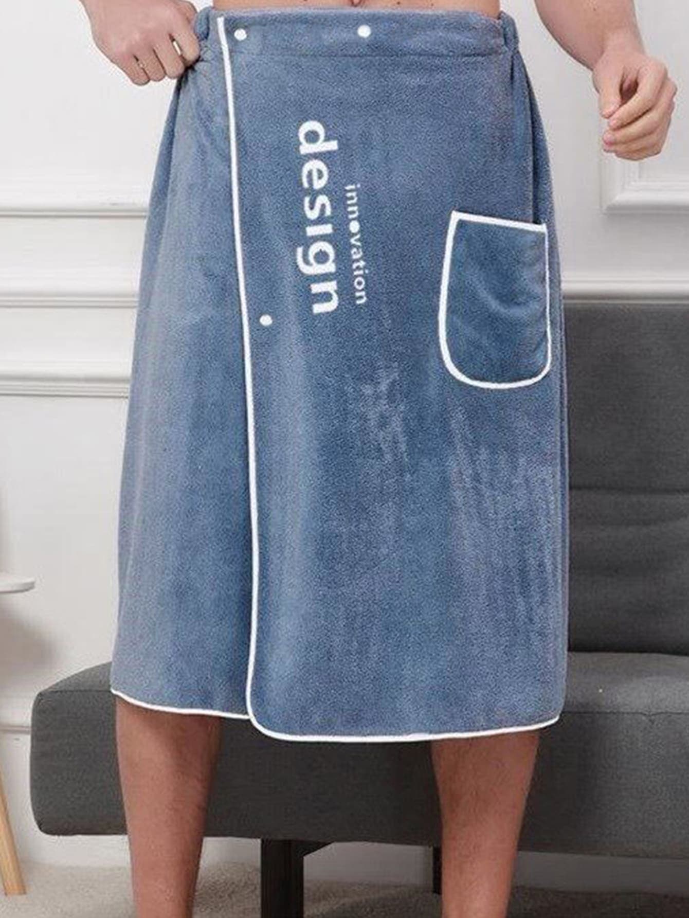 1 件男士字母刺绣浴巾，轻微弹力可穿戴浴巾，适合男士夏季婚礼家居浴室装饰返校 - 藍色 - 查看 1