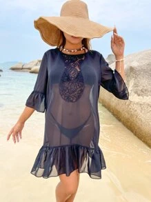 AAmilife Ruffle Hem Sheer Mesh Cover Up Dress Without Bikini Set - Black - View 1