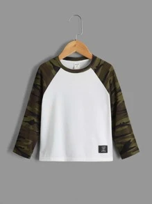 SHEIN Chàng trai trẻ Ngụy trang Tay áo Vá lại Tay áo dài Vòng cổ Áo thun , Thích hợp Đối với Giải trí Mặc In Mùa Xuân - trắng - Xem 1