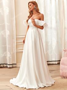 EVERPRETTY Off Shoulder Puff Sleeve Buckled Belted Maxi Wedding Dress