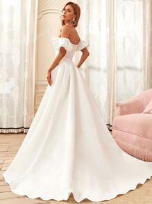 EVERPRETTY Off Shoulder Puff Sleeve Buckled Belted Maxi Wedding Dress