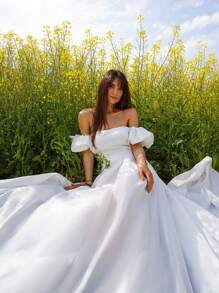 EVERPRETTY 一字肩泡泡袖搭扣腰帶超長婚紗連衣裙