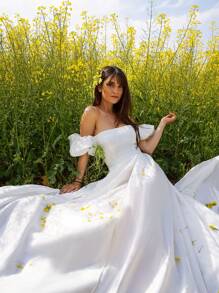 EVERPRETTY 一字肩泡泡袖搭扣腰帶超長婚紗連衣裙