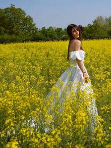 EVERPRETTY 一字肩泡泡袖搭扣腰帶超長婚紗連衣裙