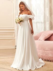 EVERPRETTY Off Shoulder Puff Sleeve Buckled Belted Maxi Wedding Dress