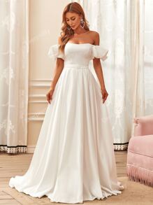 EVERPRETTY Off Shoulder Puff Sleeve Buckled Belted Maxi Wedding Dress
