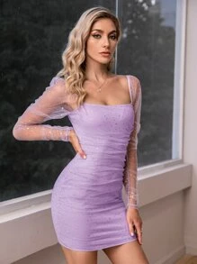 Double Crazy Rhinestone Detail Mesh Bodycon Dress - Lilac Purple - View 4