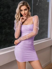 Double Crazy Rhinestone Detail Mesh Bodycon Dress - Lilac Purple - View 6