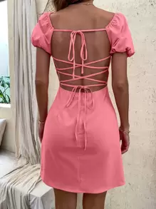 Chiquease Ruched Bust Tay áo phồng cổ vuông Váy hở lưng có dây buộc - Hồng - Xem 2