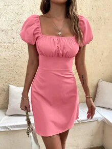 Chiquease Ruched Bust Tay áo phồng cổ vuông Váy hở lưng có dây buộc - Hồng - Xem 3
